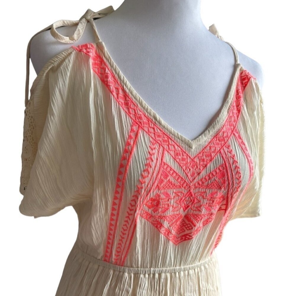 Flying Tomato Women’s Ivory Boho Maxi Dress  Neon Embroidered Design Size Small